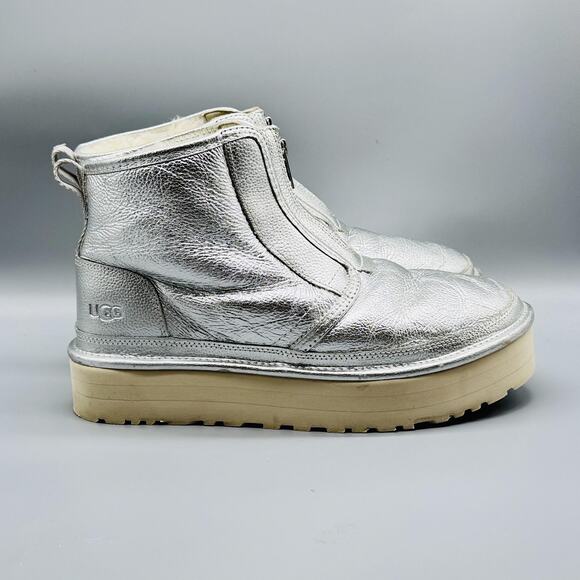 UGG Boots Womens 12 Silver Leather Neumel Shearling Platform Zip Shine Ankle - Picture 1 of 12